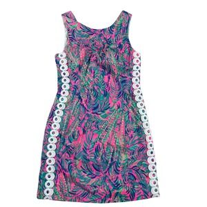Lilly Pulitzer Mila Shift Dress Womens 00 Pink Green Tropical Palm Lace Trim